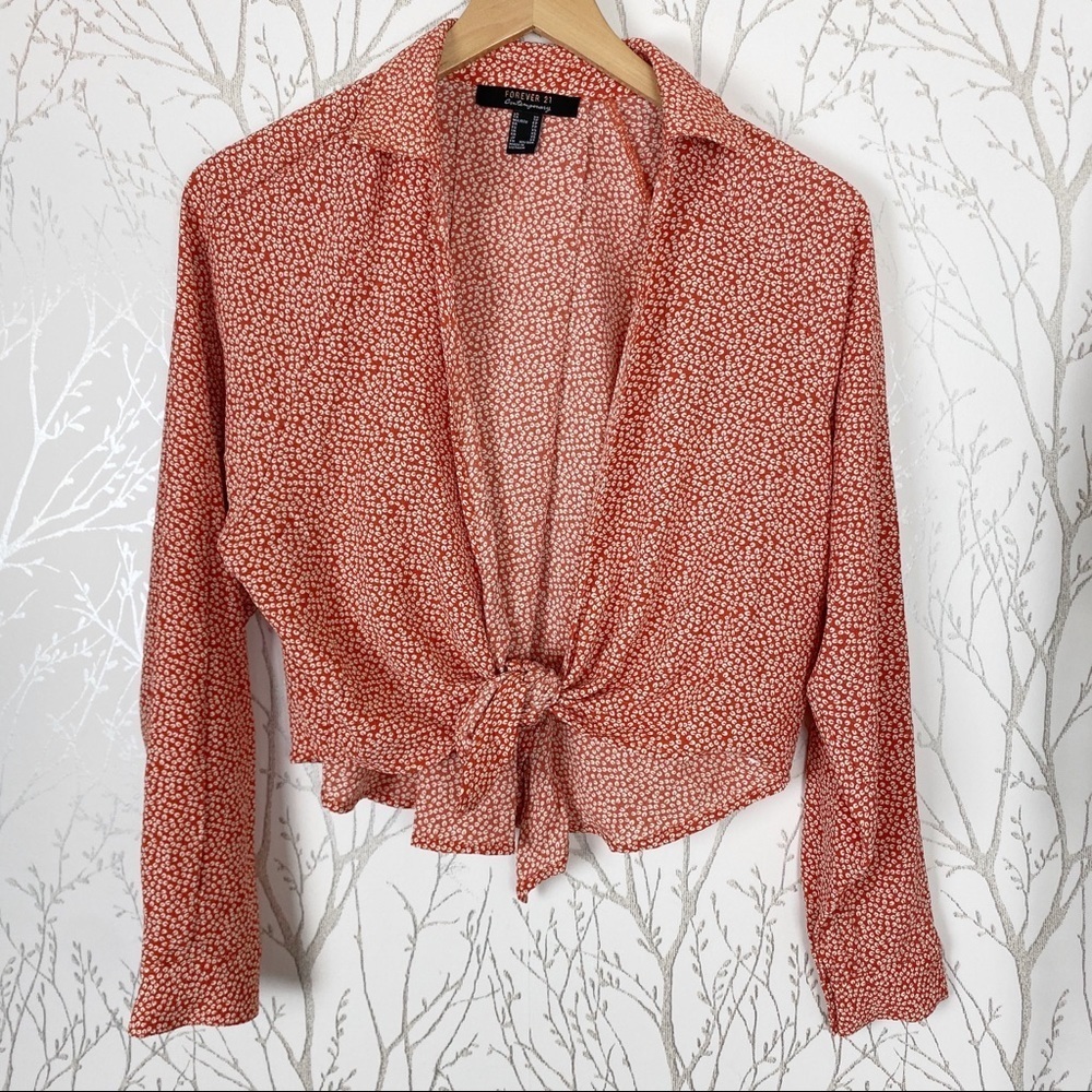 FOREVER 21 Red Floral Open Front Tie Blouse XS - Picture 2 of 9